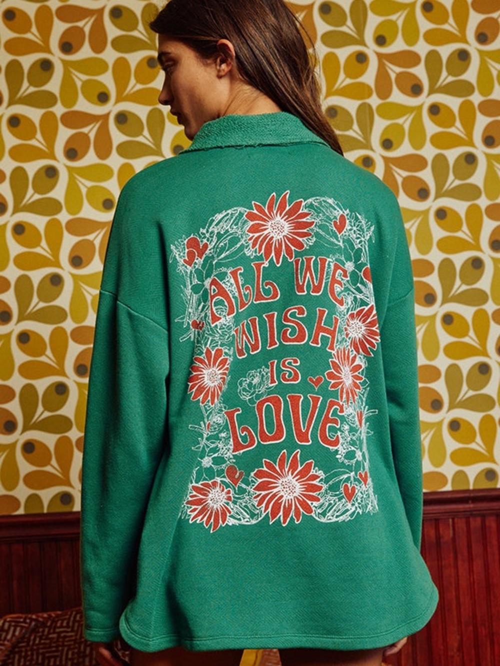Green Graphic Pullover Sweater - 'All We Wish Is Love'